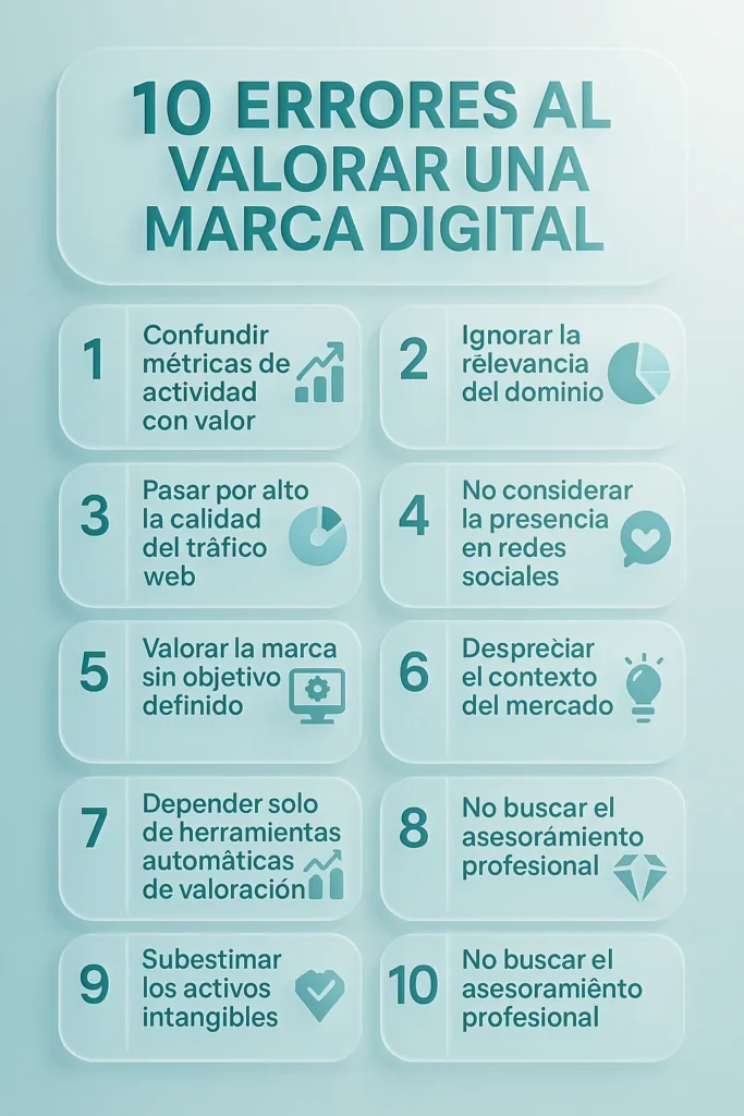 Infografía en español sobre los 10 errores al valorar una marca digital en 2025, con iconos y consejos prácticos para evitarlos.