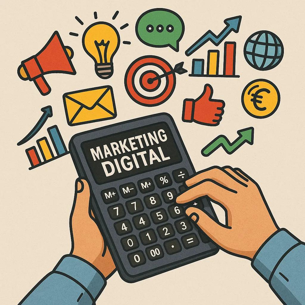 Calculadora del valor de una marca digital con iconos de marketing digital emergiendo