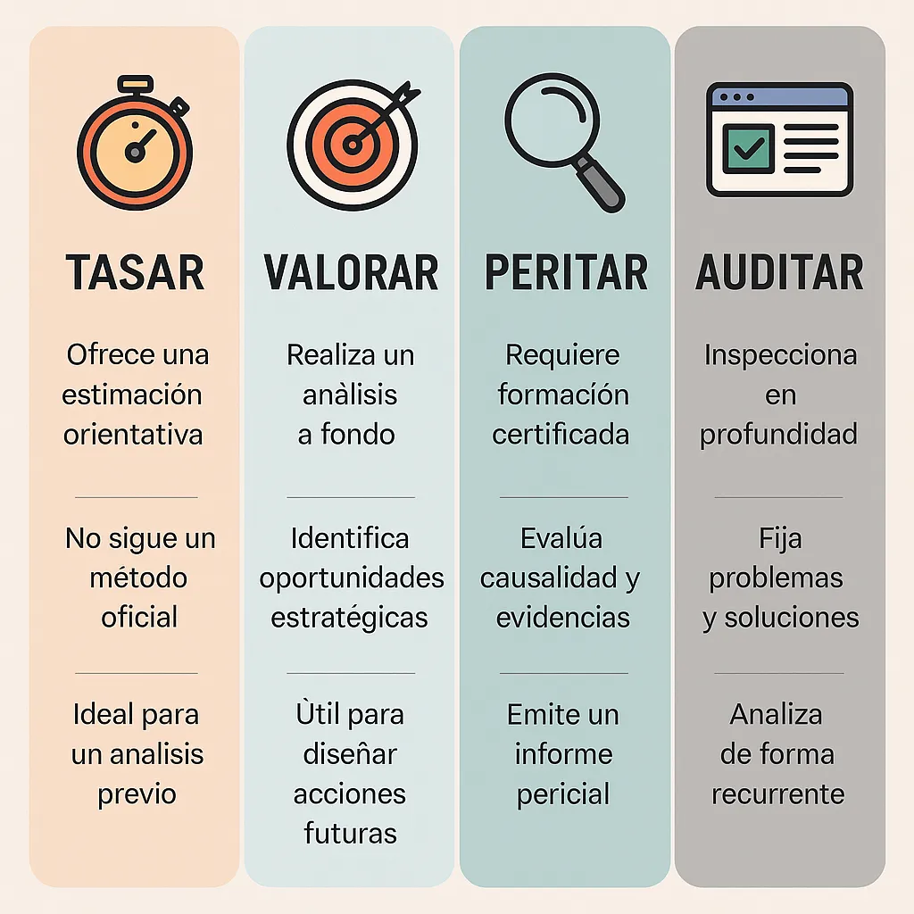 Infografía que compara tasación y valoración digital, e incorpora peritaje y auditoría para webs, dominios, redes y reputación online.