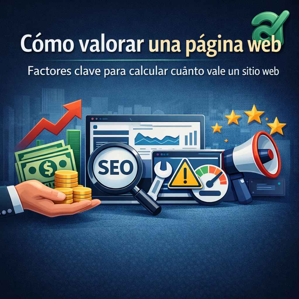 Ilustración sobre cómo valorar una página web y los factores clave para calcular cuánto vale un sitio web, como SEO, tráfico, ingresos y marca digital.