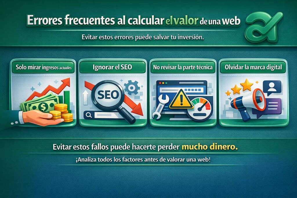 Infografía sobre errores frecuentes al calcular el valor de una página web, como basar la valoración solo en ingresos, ignorar el SEO, no analizar la parte técnica o olvidar la marca digital.