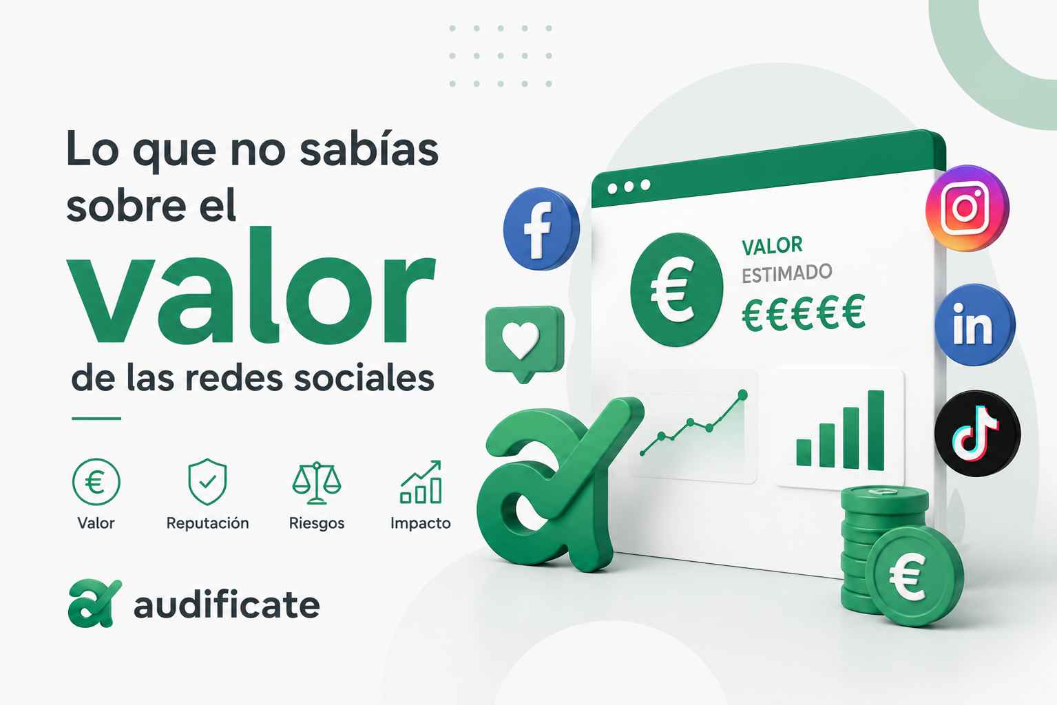 Ilustración sobre el valor de las redes sociales como activo digital, mostrando reputación online, impacto empresarial, riesgos, comunidad digital y valoración económica de perfiles sociales.