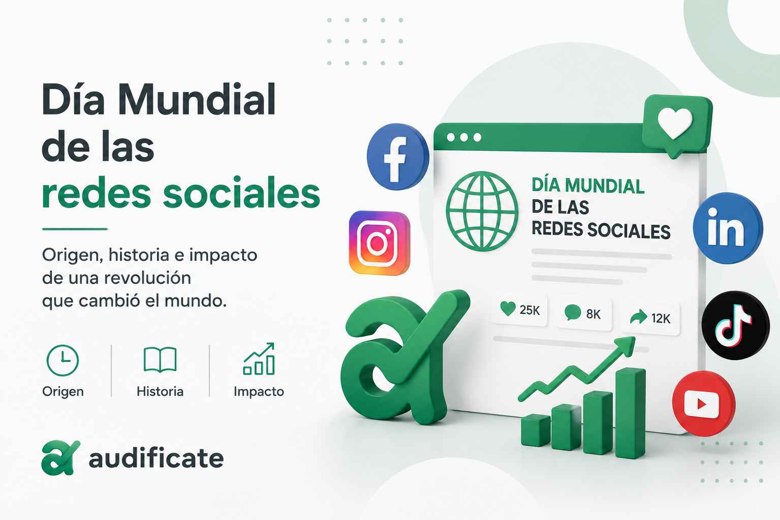 Ilustración del Día Mundial de las Redes Sociales con Facebook, Instagram, LinkedIn y otras plataformas digitales que muestran la evolución e impacto de las redes sociales en la comunicación global.