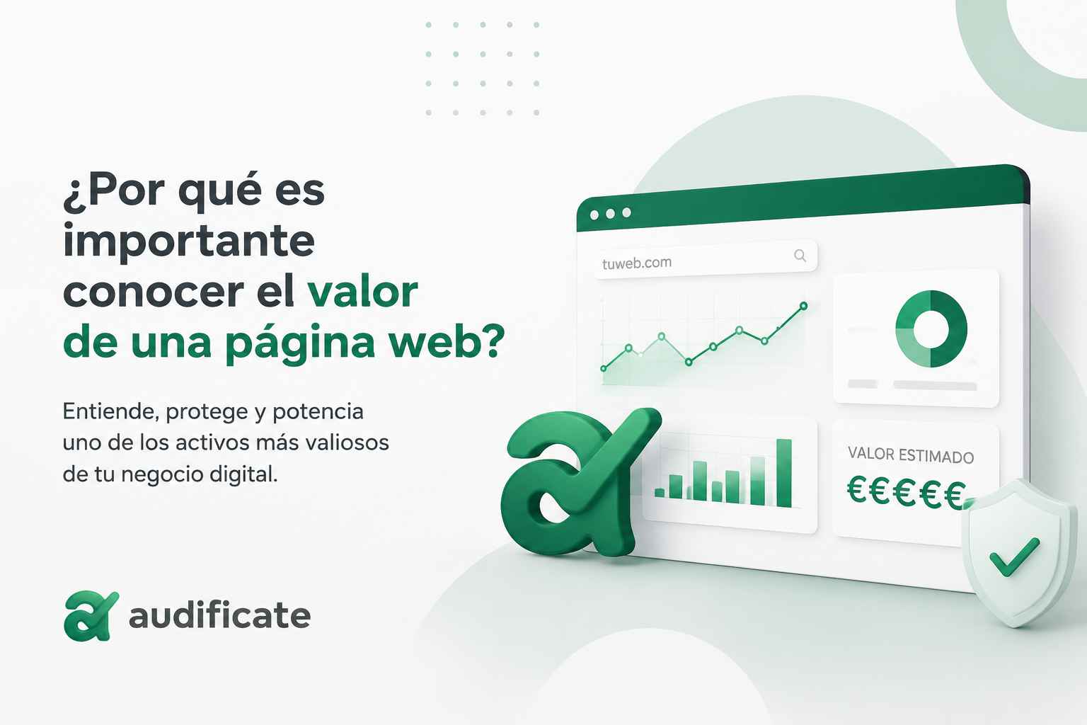 Ilustración profesional sobre la valoración de una página web como activo digital, mostrando análisis de datos, crecimiento online y protección del valor digital de una empresa.