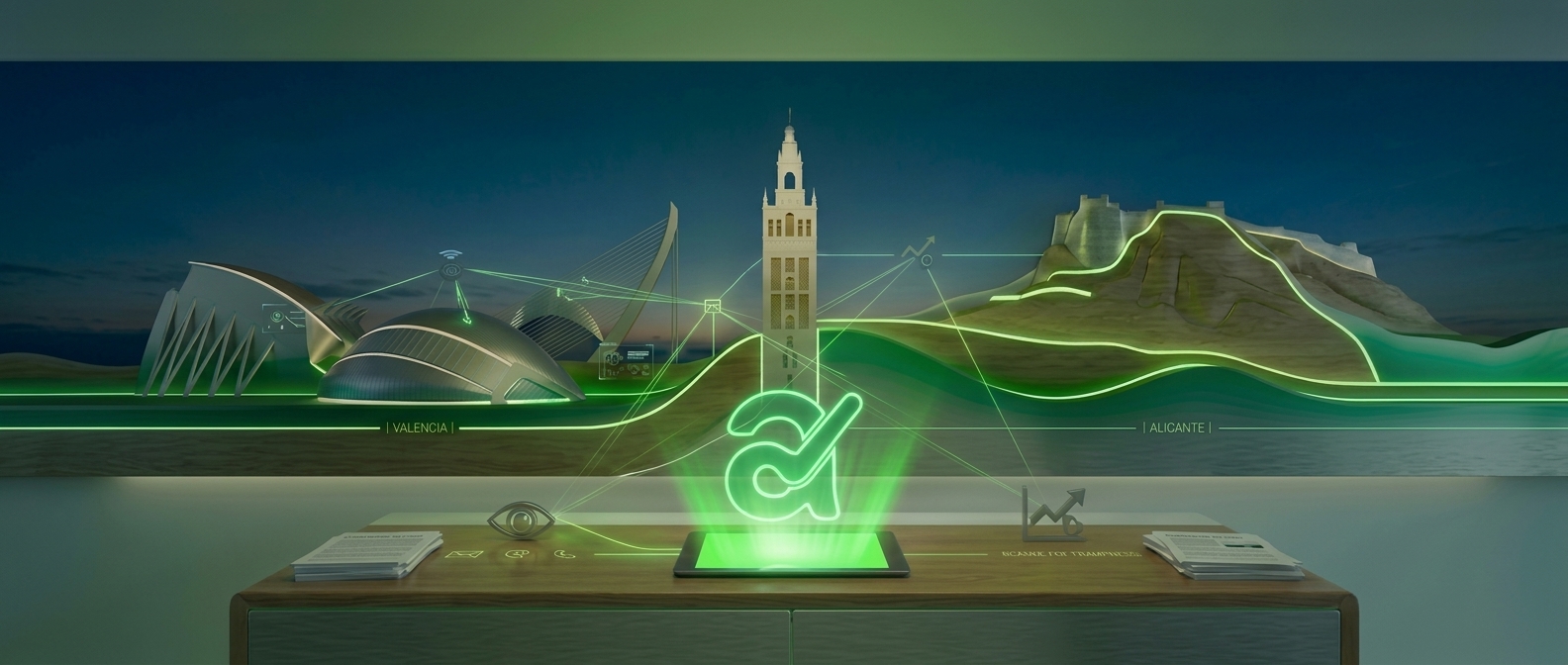 Ilustración minimalista en tonos verdes que muestra la conexión entre Valencia, Sevilla y Alicante a través de un holograma emergente del logotipo de Audifícate desde una tablet sobre un escritorio.