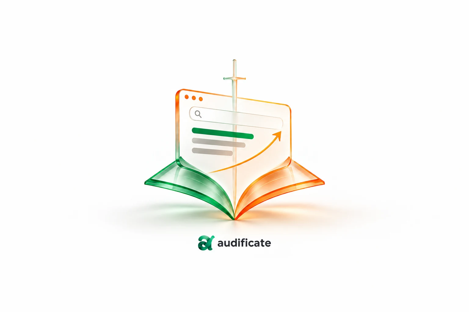 Ventana de búsqueda integrada con un libro abierto, una espada minimalista y una flecha ascendente, en verde y naranja, con la marca AUDIFICATE.