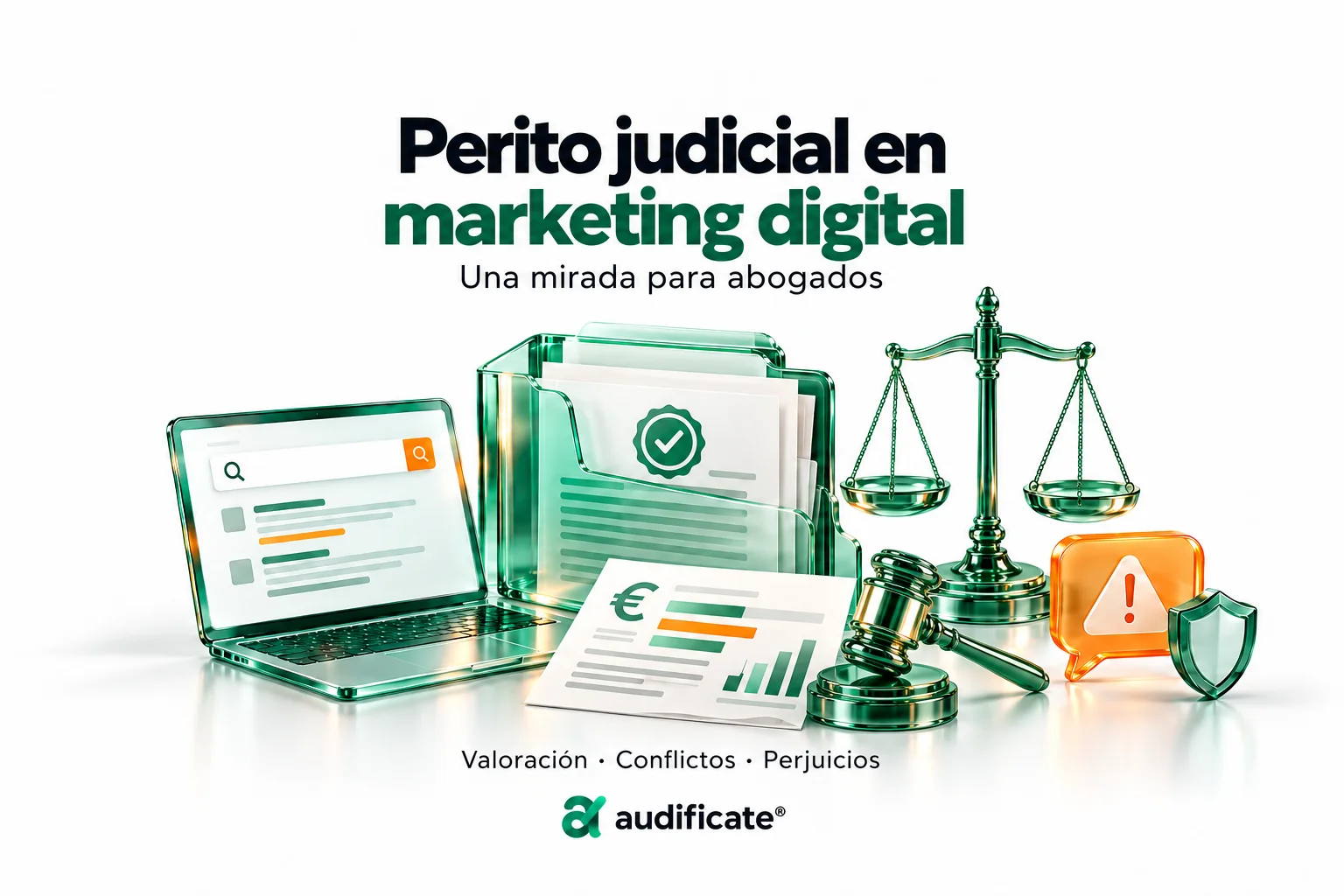 Perito judicial en marketing digital para abogados: ilustración con ordenador, expediente, informe de valoración, balanza y martillo judicial.